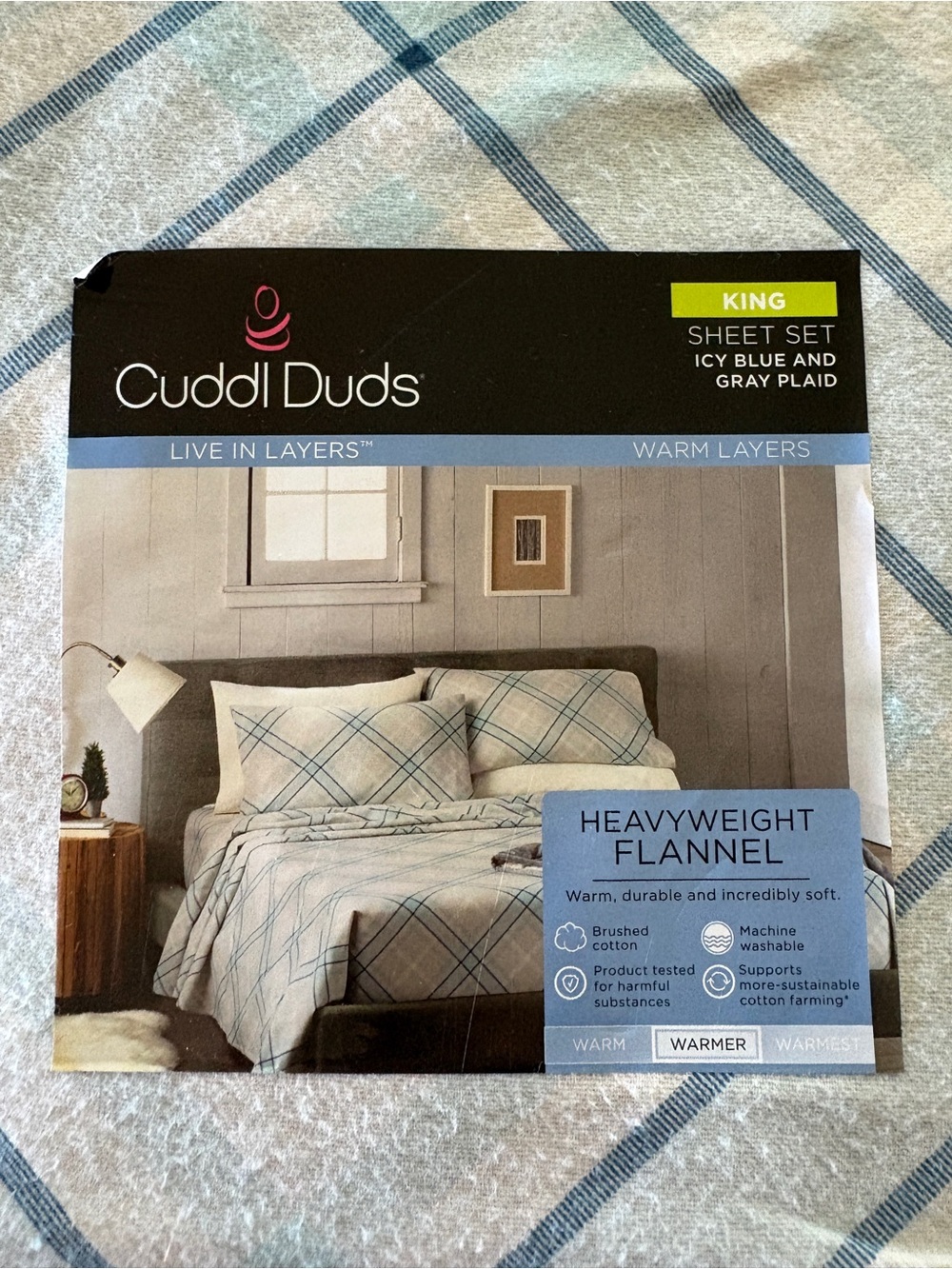 Cuddl Duds Icy Blue and Gray Heavyweight Plaid King Flannel Sheet Set